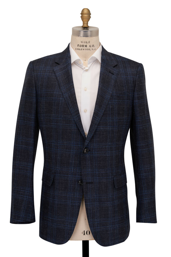 Zegna - Navy Plaid Wool, Silk & Linen Sportcoat 