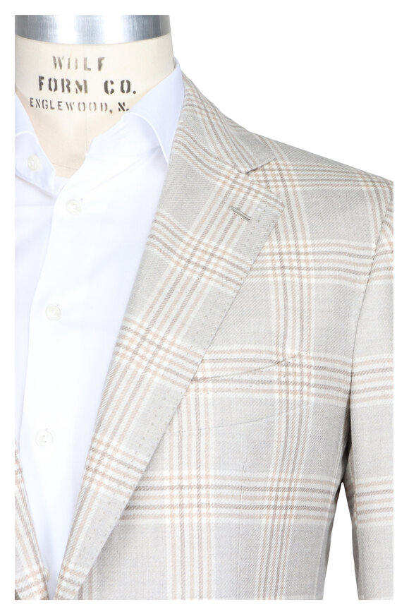 Cesare Attolini Cream & Tan Cashmere & Silk Plaid Sportcoat