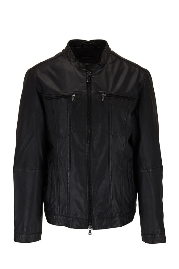 John Varvatos - Black Leather Band Collar Jacket