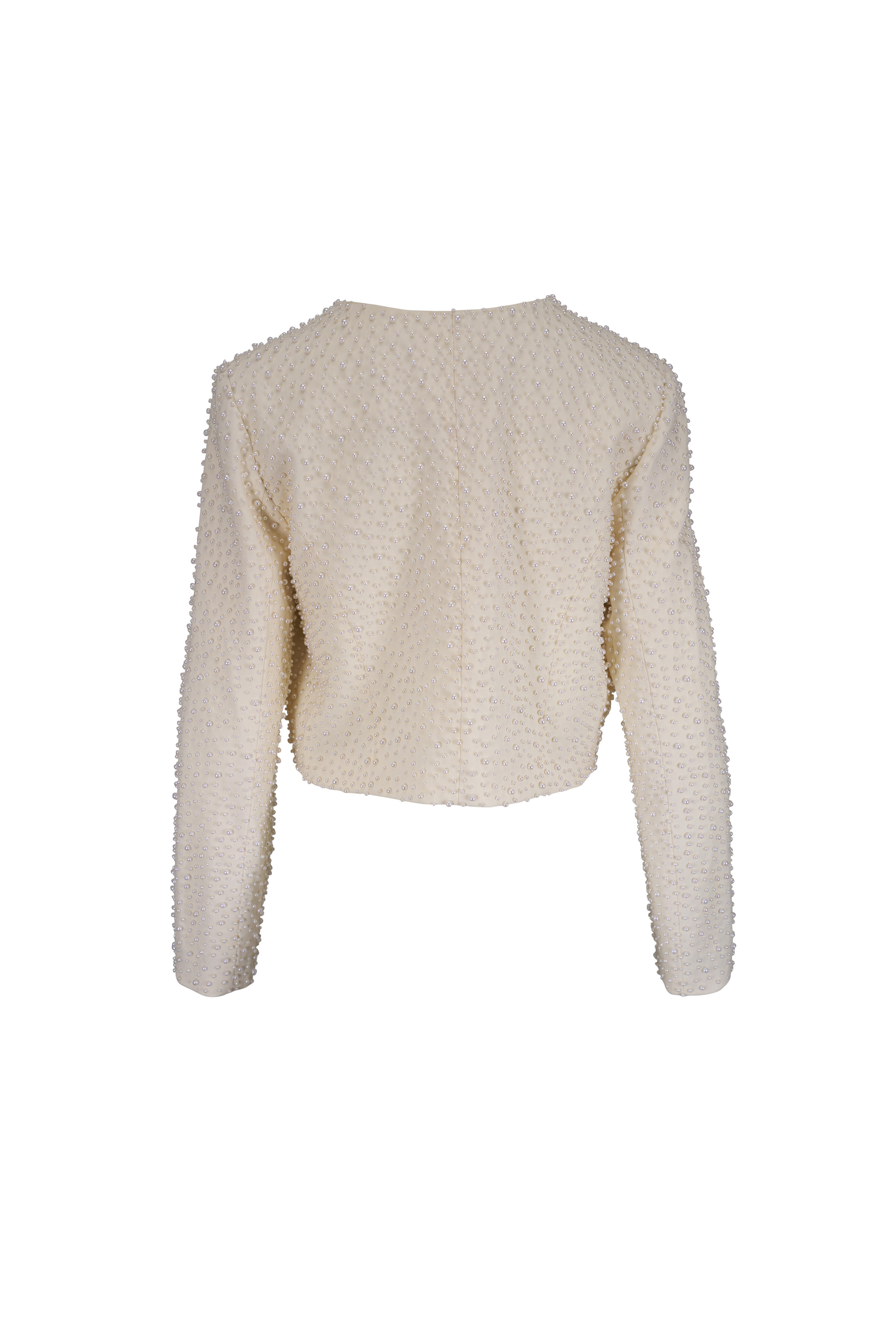 Carolina Herrera - Pearl Embellished Ivory Wool Cropped Jacket