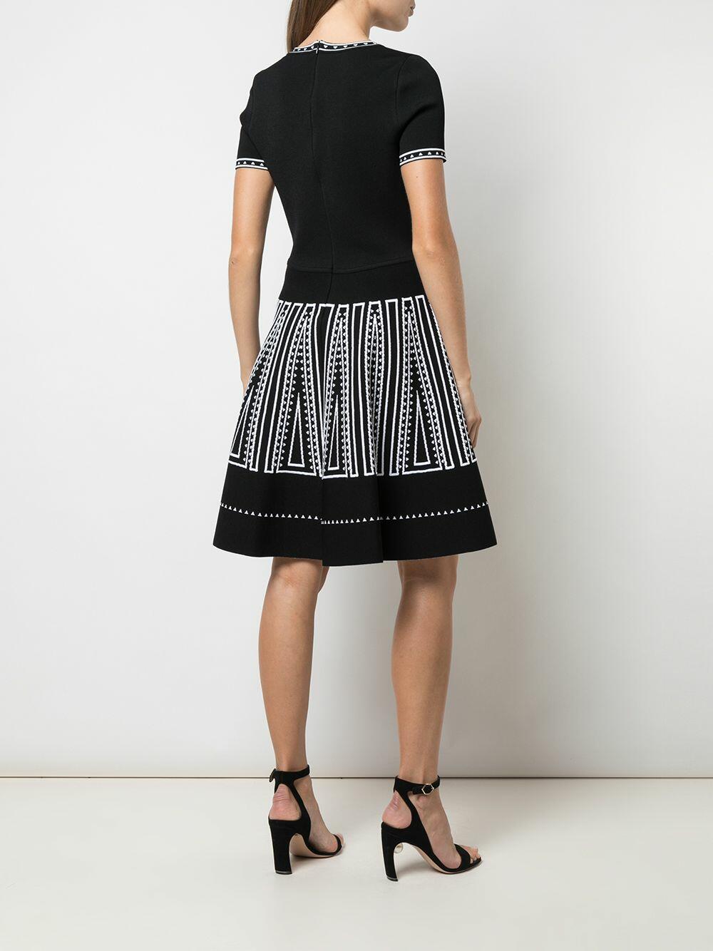 Carolina Herrera - Black & White Short Sleeve Fit & Flare Knit Dress
