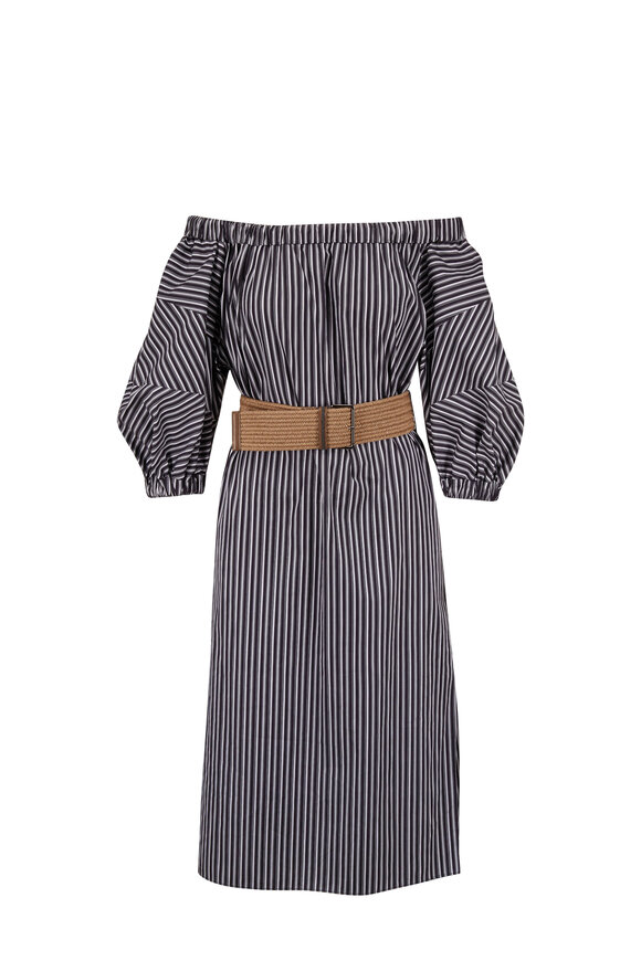 Brunello Cucinelli - White & Blue Stripe Off-The-Shoulder Belted Dress