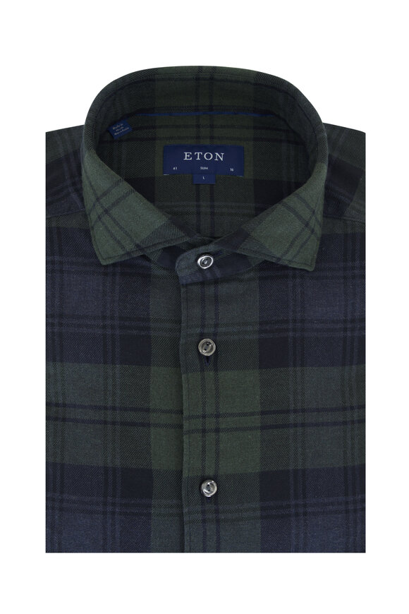 Eton Dark Green Plaid Cotton Sport Shirt