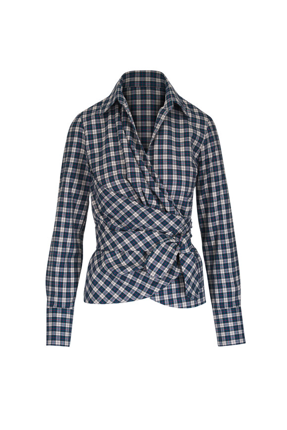 Dries Van Noten Petrol Plaid Brushed Flannel Wrap Shirt - view 1