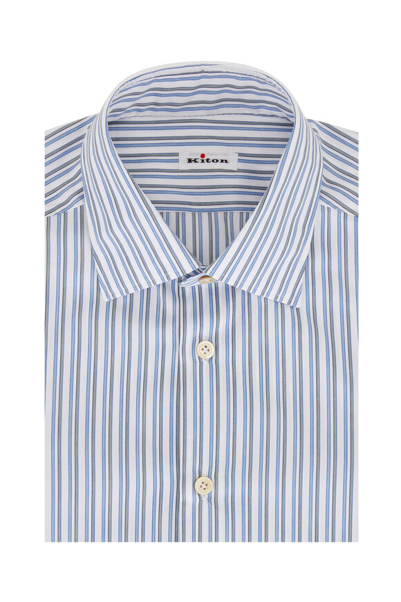Kiton - Blue & Green Stripe Cotton Dress Shirt