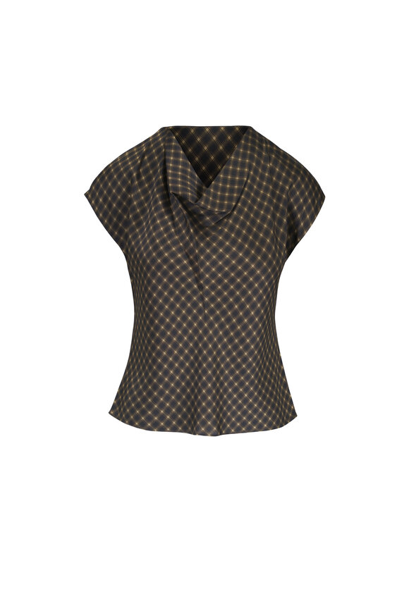 Vince Ombré Black & Camel Plaid Silk Satin Cowl-Neck Top - view 1