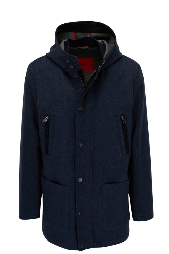 Isaia - Navy Blue Wool Blend Hooded Duffel Coat 