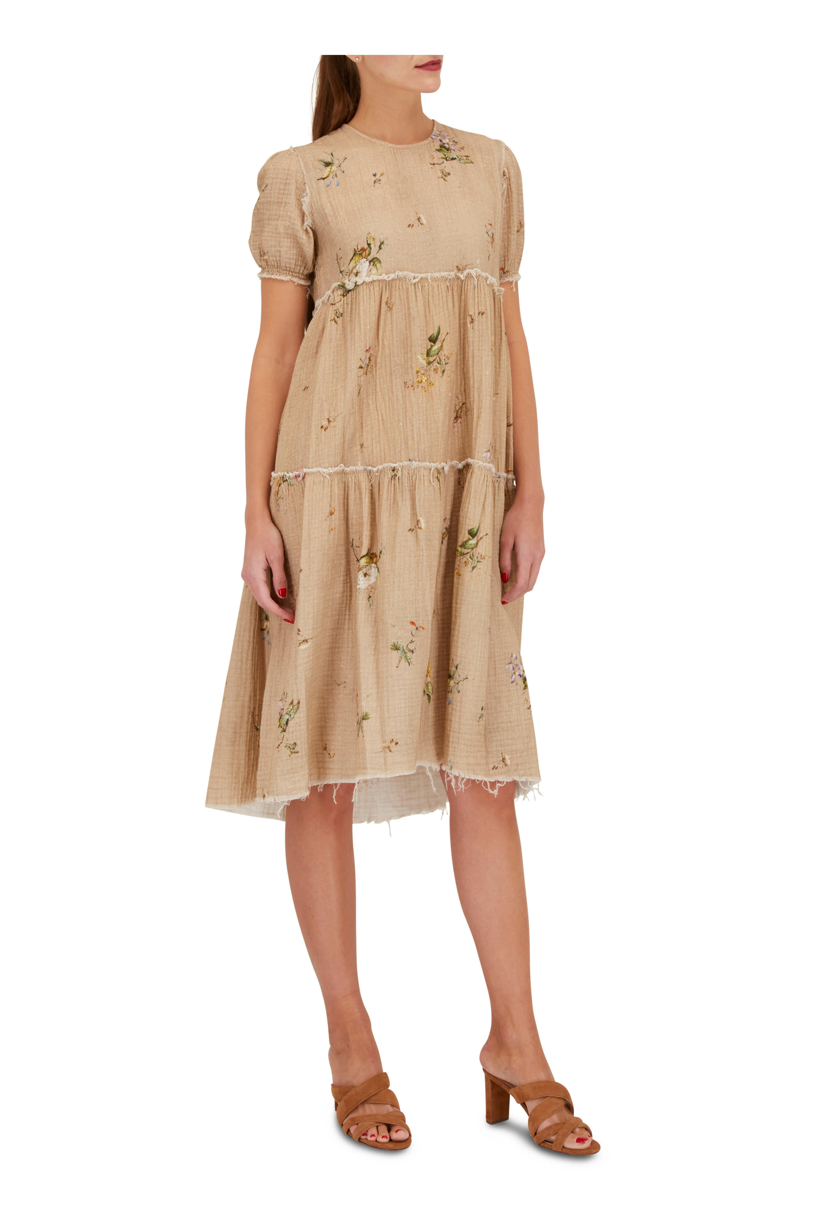 R13 - Floral Khaki Shredded Relaxed Midi Dress
