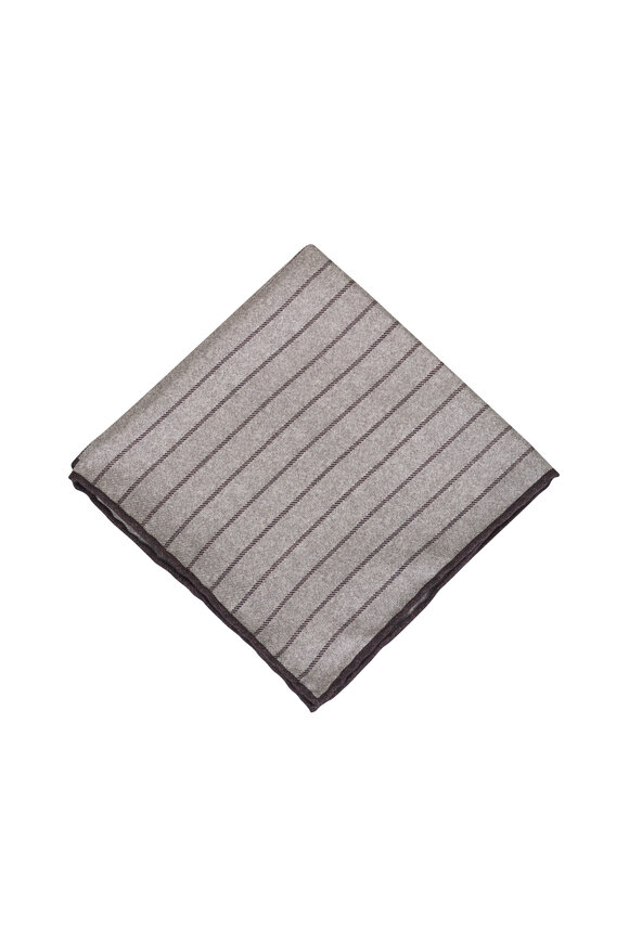 Brunello Cucinelli Gray & Brown Stripe Silk Pocket Square - view 1