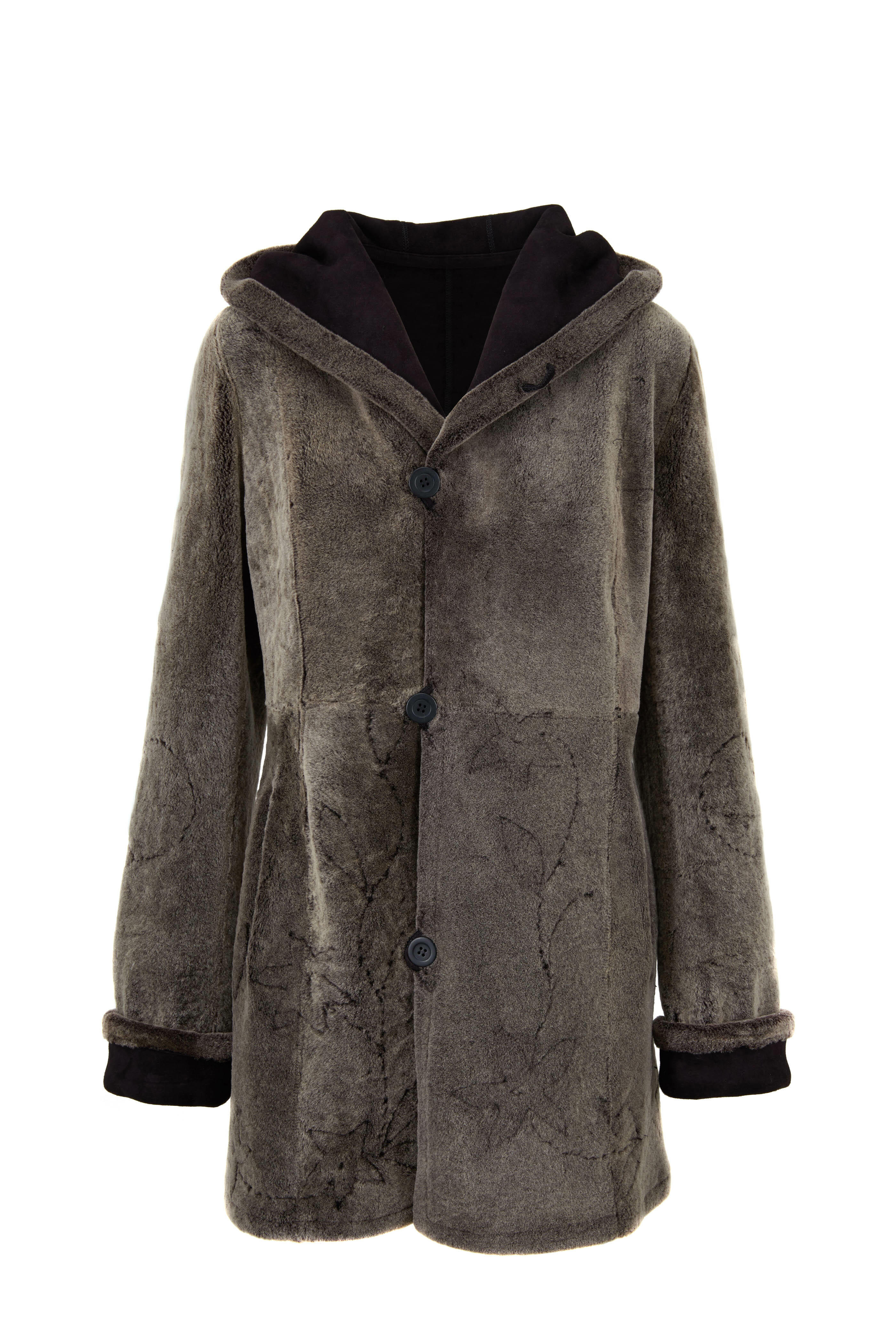 Viktoria Stass - Black Shearling Flower Appliqué Hooded Coat