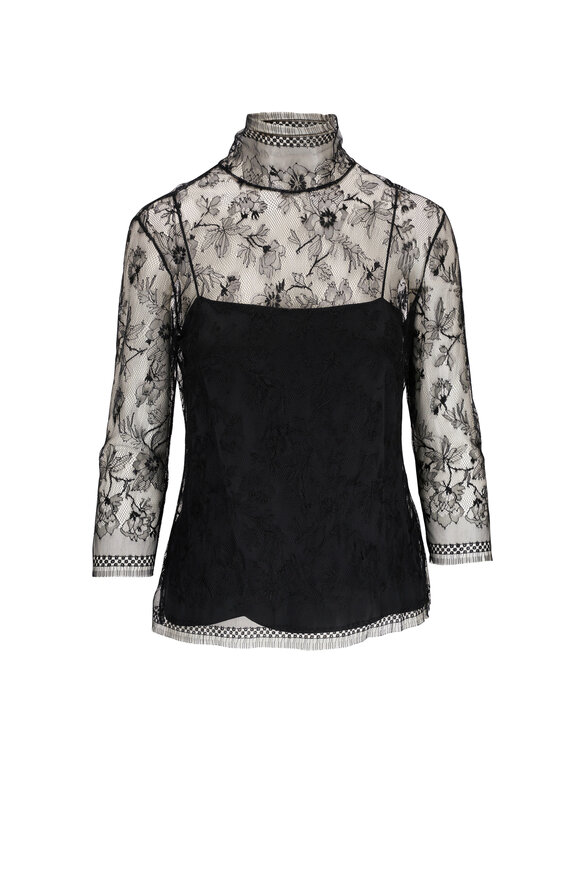 Adam Lippes - Samira Black Chantilly Lace Turtleneck Top 