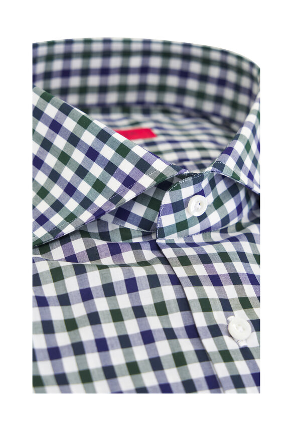 Isaia - Navy & Green Gingham Cotton Sport Shirt