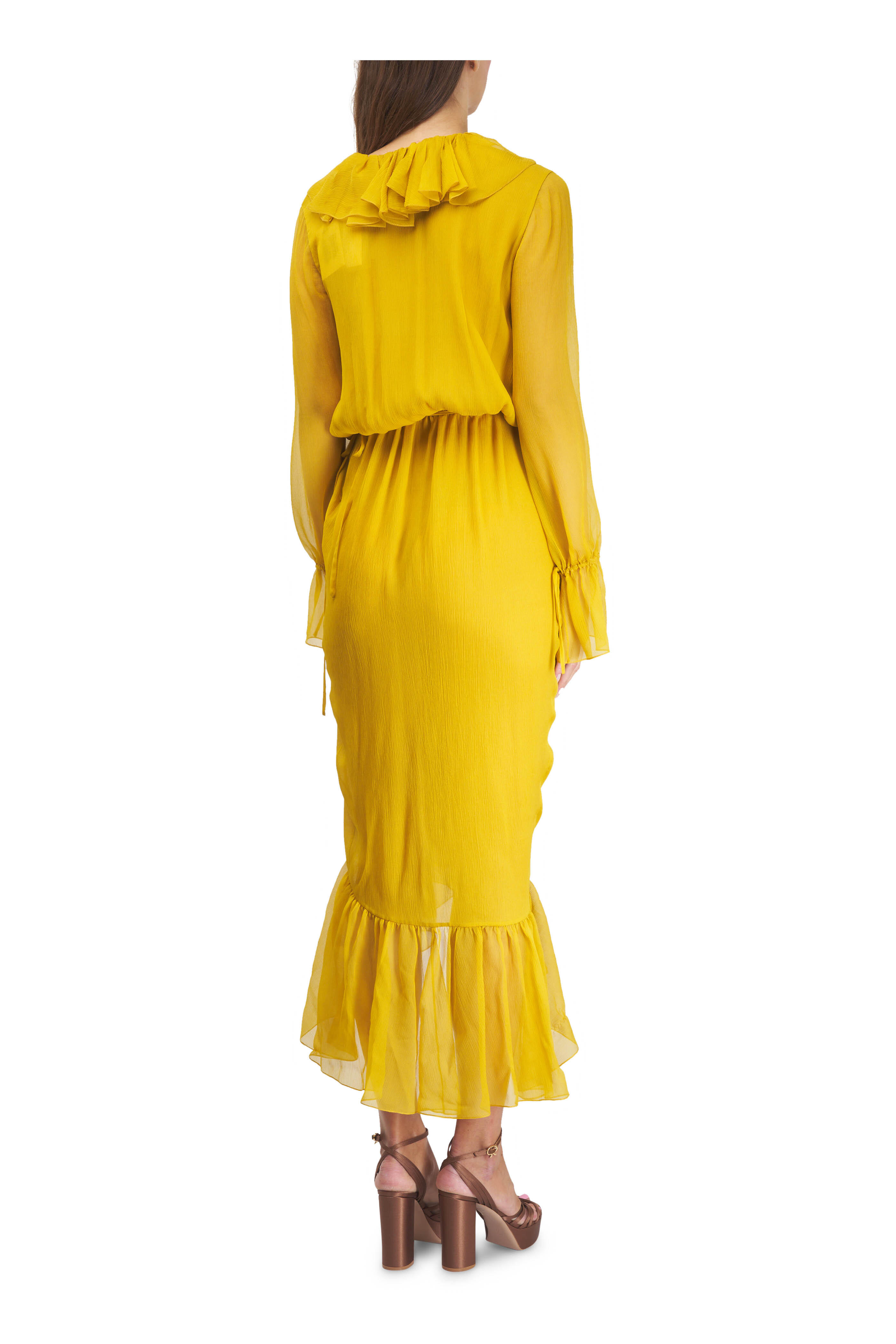 Saint Laurent - Yellow Ruffle Silk Wrap Dress