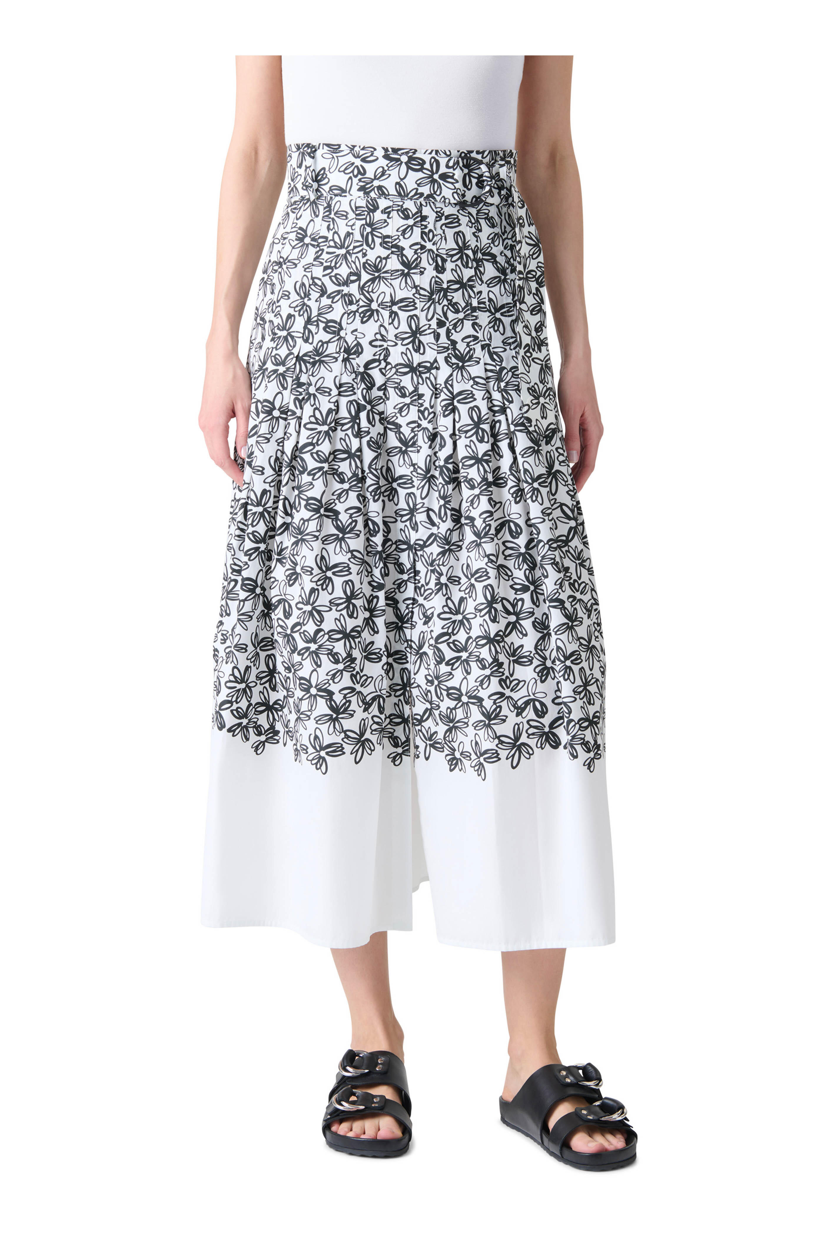 Akris Punto - Cream & Black Daisy Print Pleated Midi Skirt