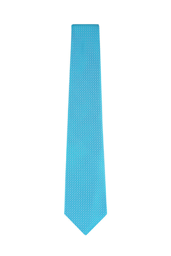 Kiton Aqua Blue Geometic Print Silk Necktie - view 1
