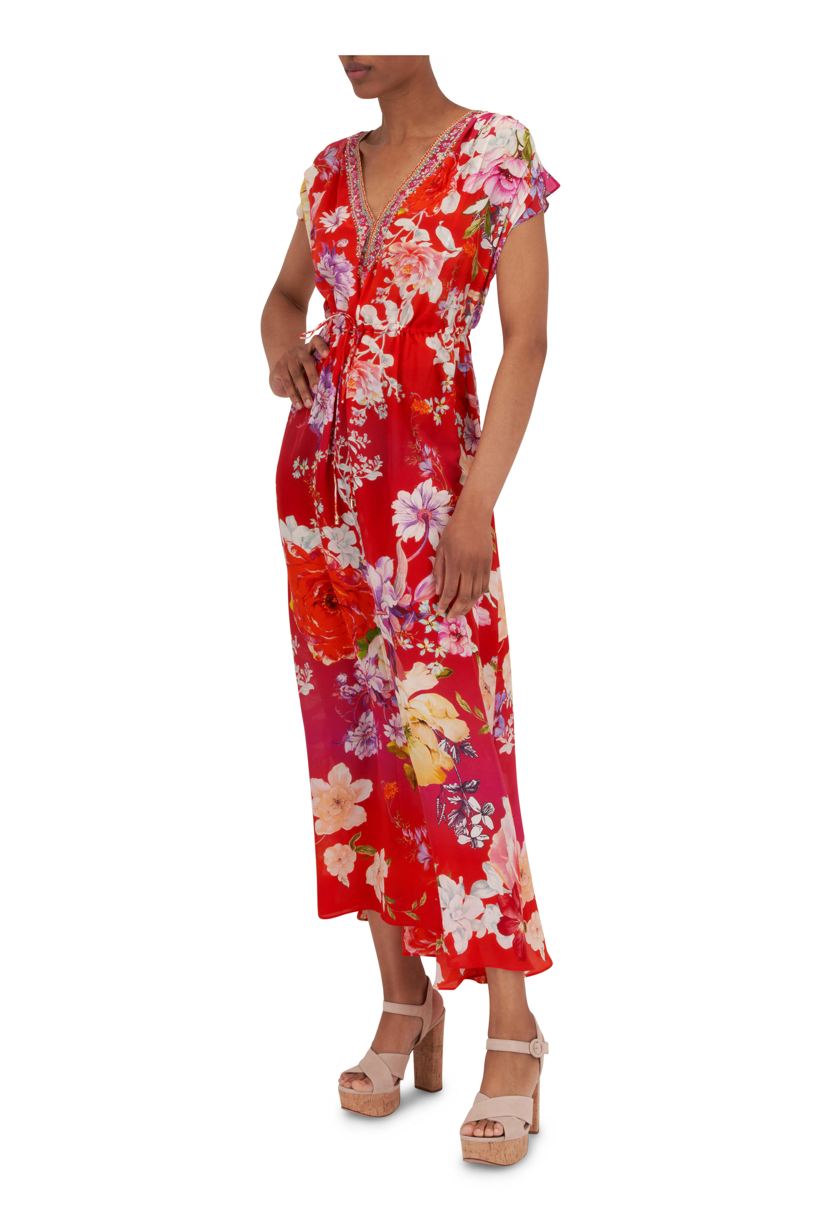 Venice Romance Red Floral Mesh Double Lined Cami Maxi Dress