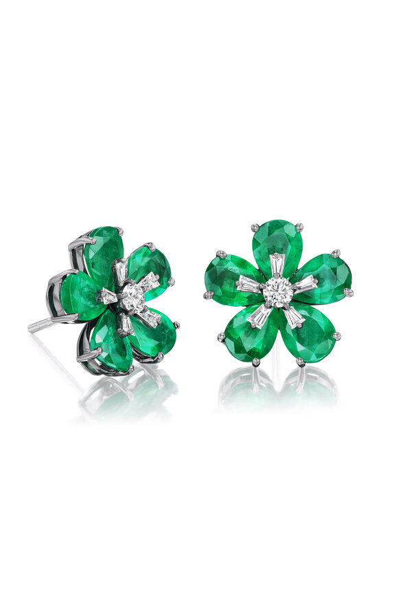 Nam Cho 18k White Gold Emerald & Diamond Wildflower Studs