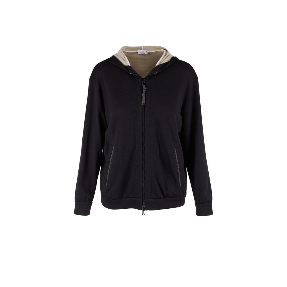 Brunello Cucinelli - Black Cotton & Silk Zip Spa Hoodie Brunello Cucinelli - Black Cotton & Silk Zip Spa Hoodie