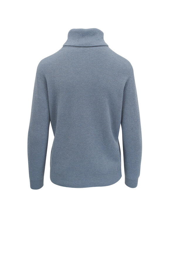 Brunello Cucinelli - Light Blue English Ribbed Turtleneck Sweater