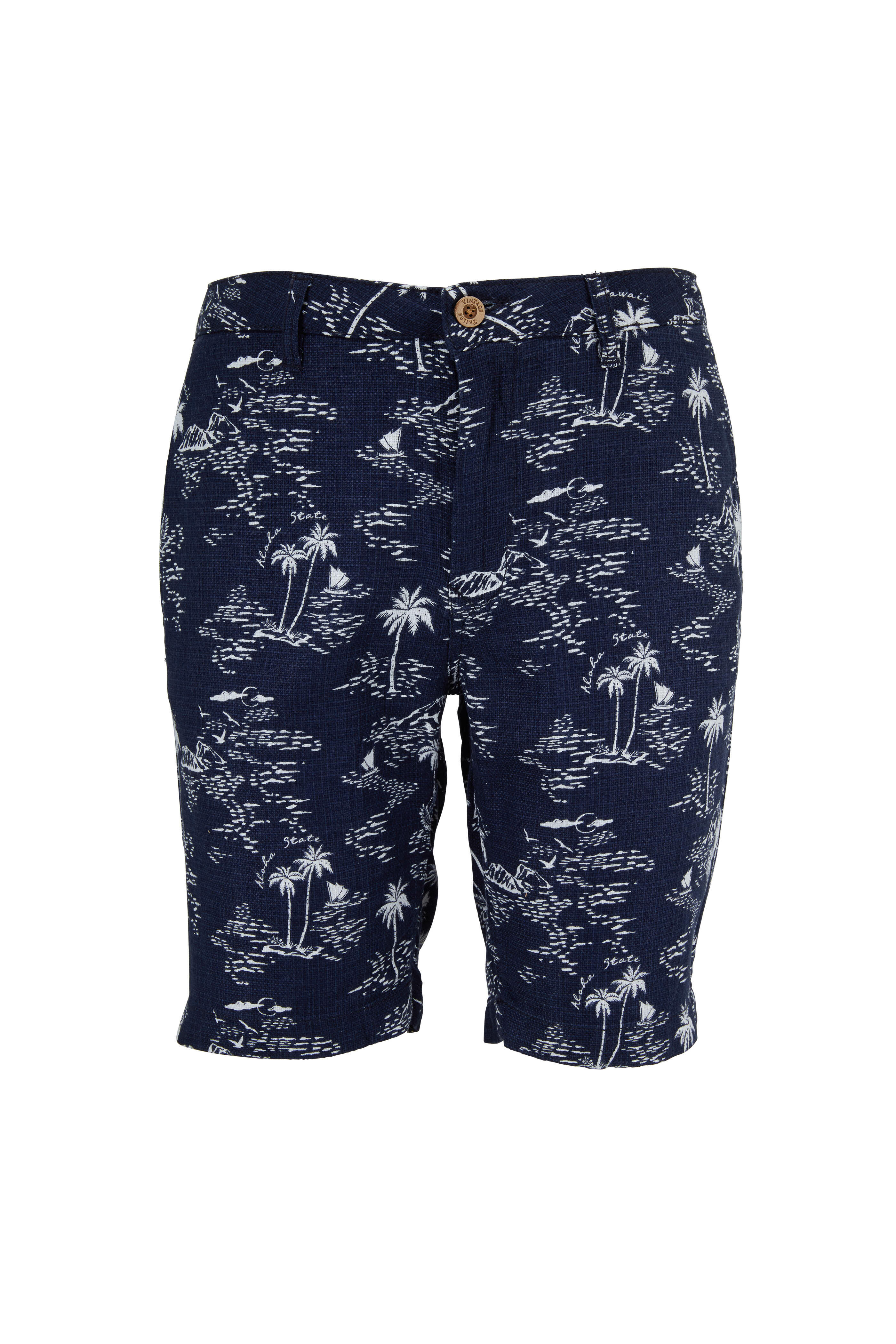 Tailor Vintage - Navy Pacific Printed Cotton & Linen Shorts