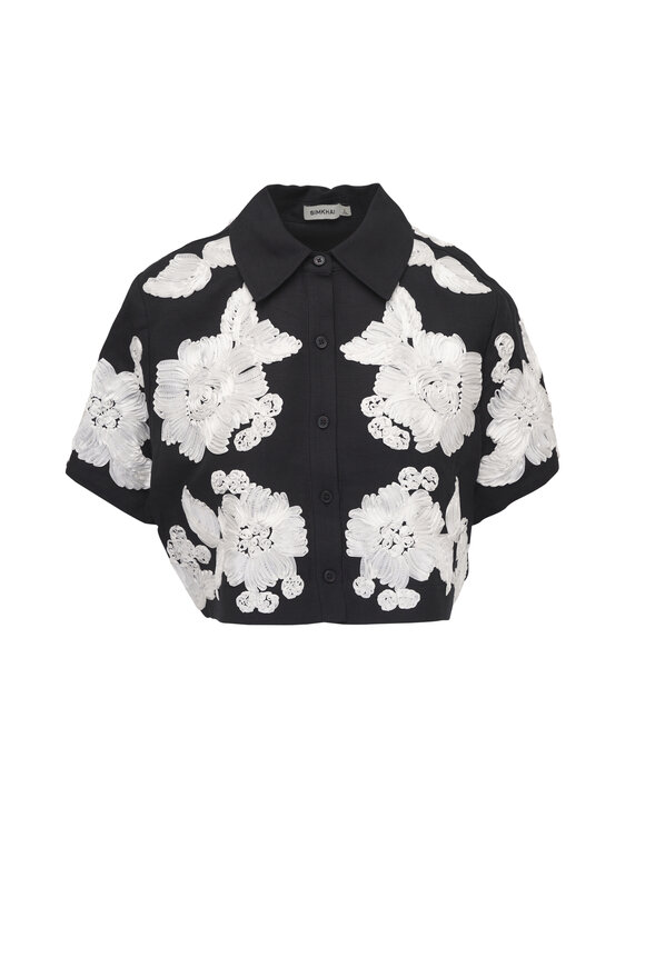 Simkhai Callie Black & White Floral Embroidered Camp Shirt