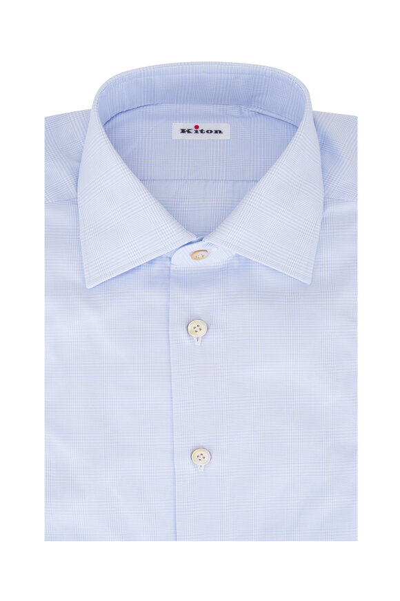 Kiton Light Blue Check Cotton Dress Shirt