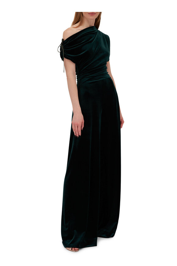 Talbot Runhof - Hunter Green Stretch Velvet Ruched Jumpsuit