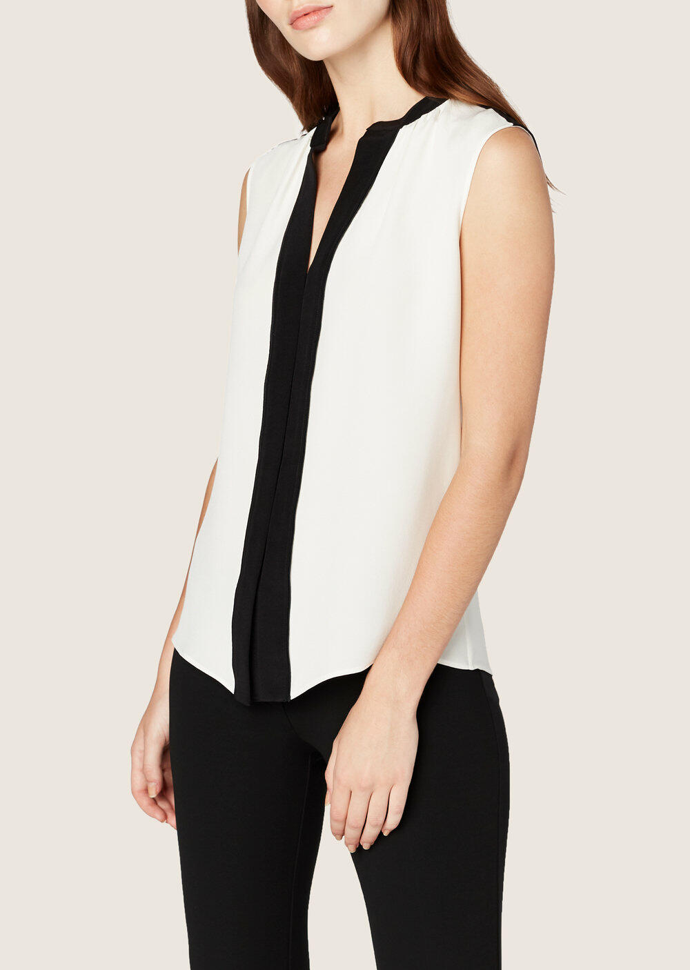 Derek Lam - Ivory & Black Nehru Collar Sleeveless Blouse