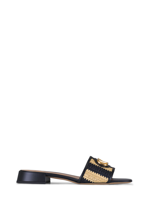 Valentino Garavani Natural & Black Stripe V Logo Raffia Slide - view 3