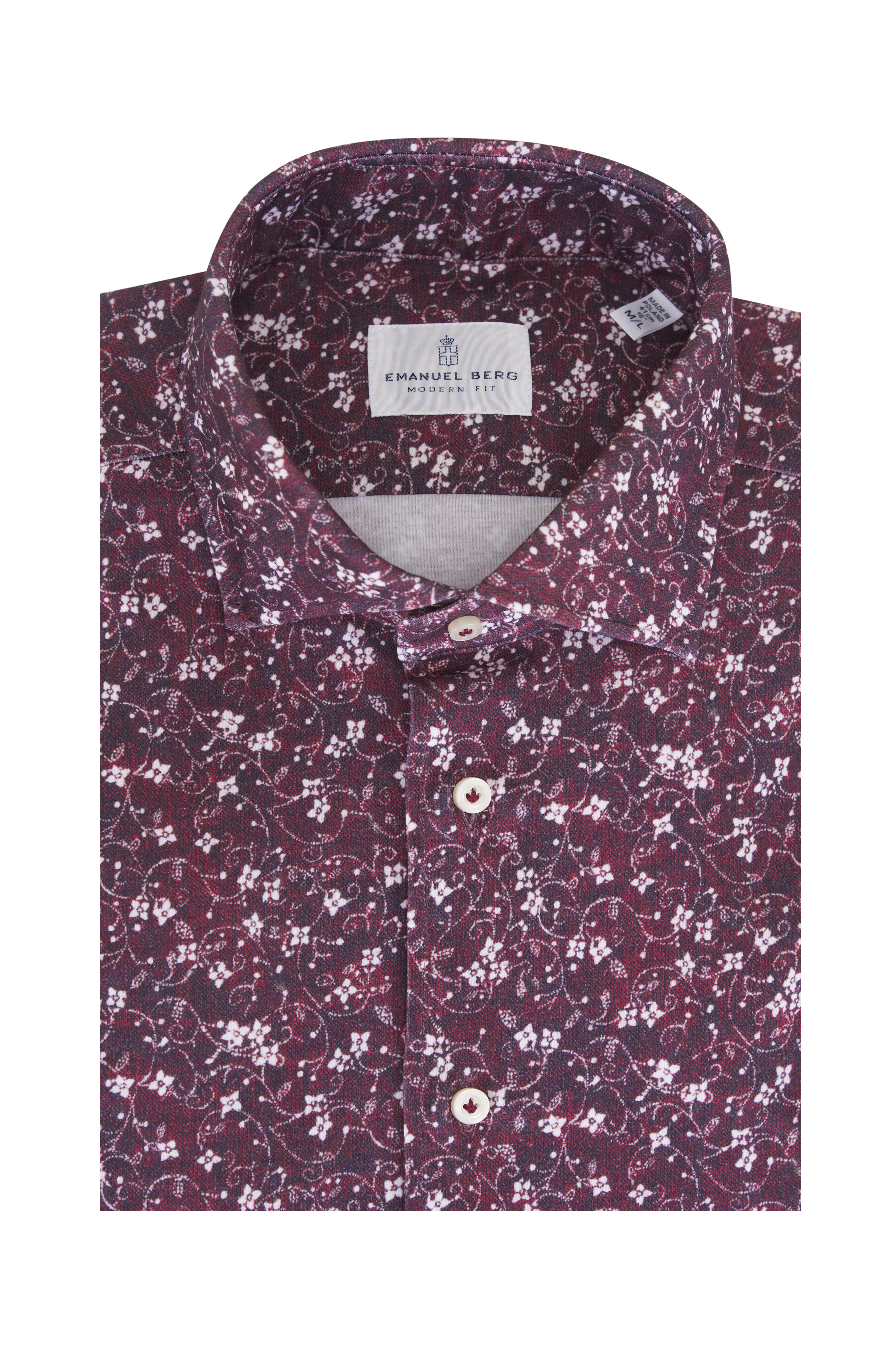 Emanuel Berg - Burgundy Floral Print Jersey Button Down Shirt