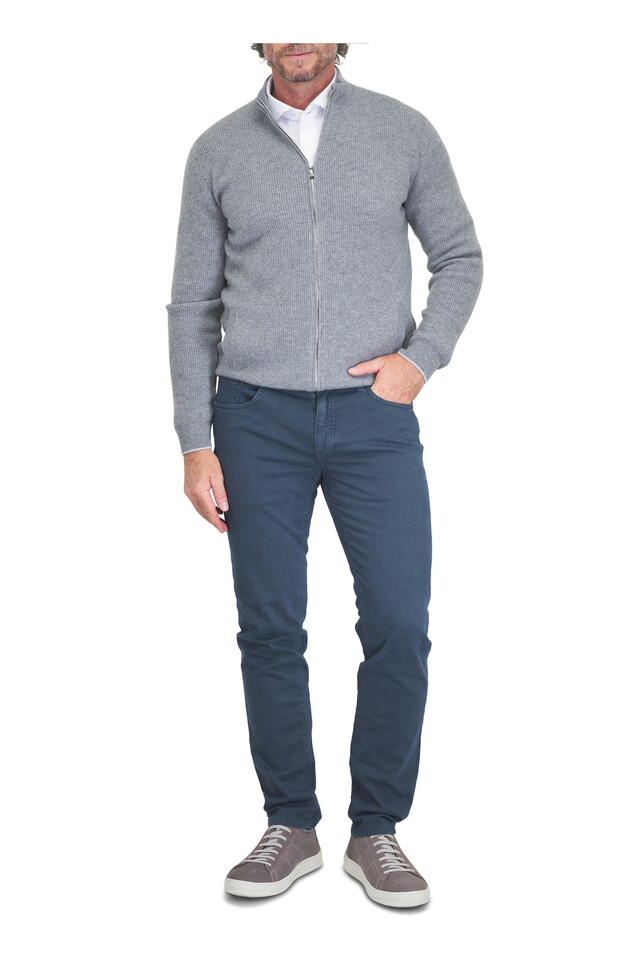 Designer outfit featuring Davis Blue Cashmere Zip-Up Hoodie, Light Blue Cotton Flannel Dress Shirt and 2 other pieces
