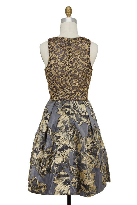 Theia - Pewter & Gold Floral Jacquard Party Dress