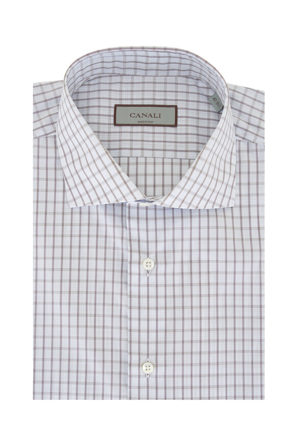 Canali Tan Windowpane Plaid Dress Shirt