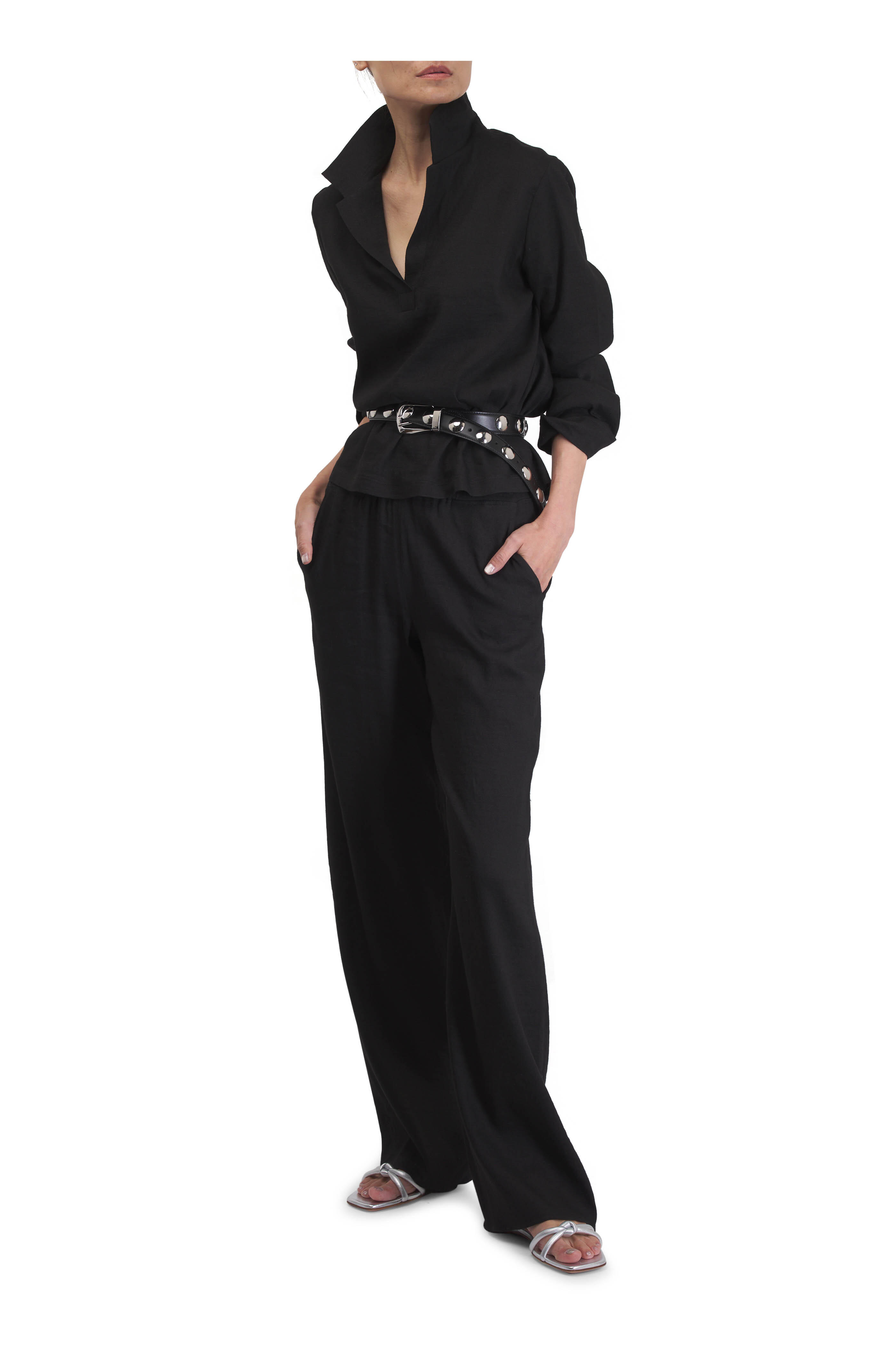 Peter Cohen - Cate Black Stretch Linen V-Neck Blouse