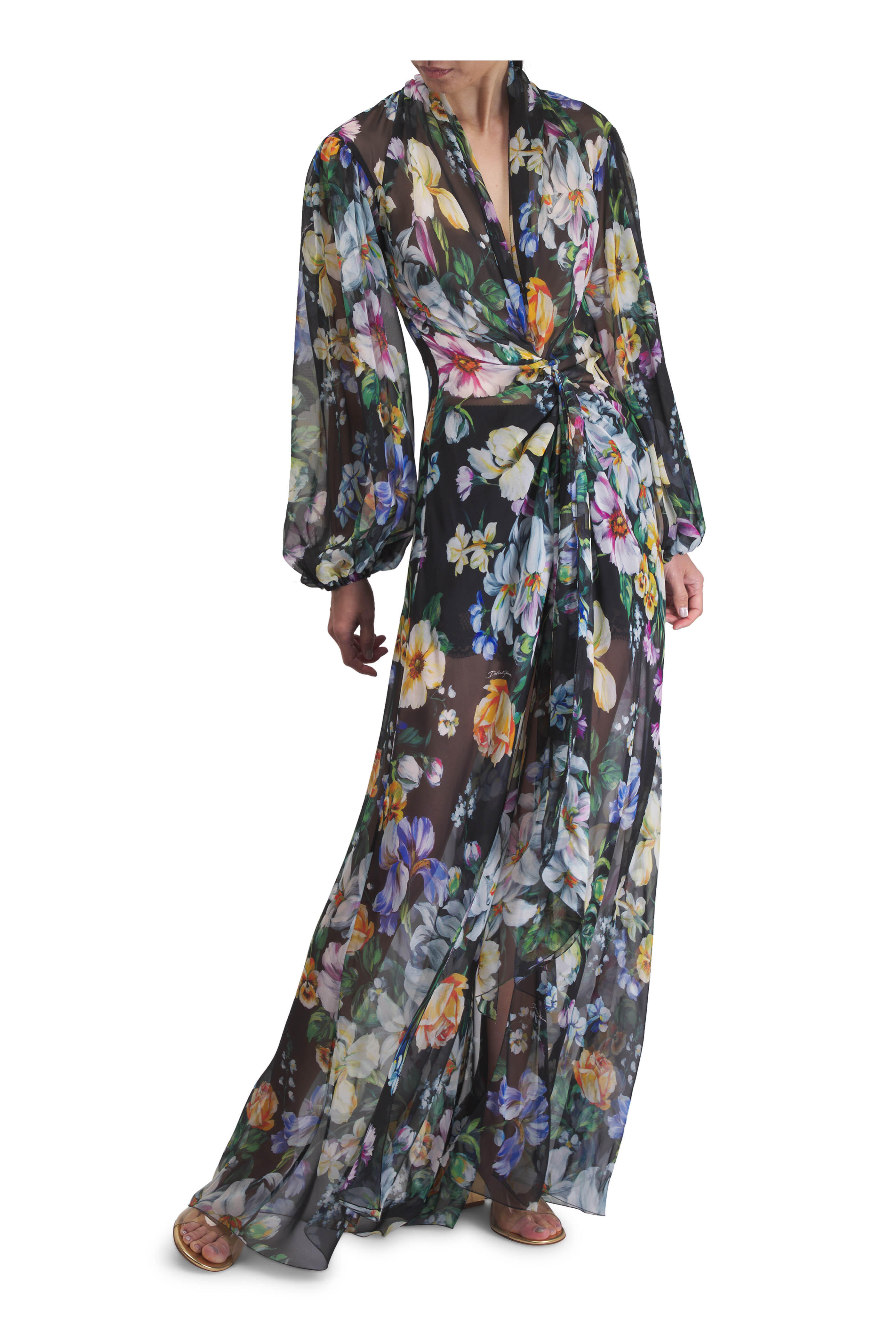Dolce & Gabbana シルク カメリア柄 ロング シフォンドレス Dolce & Gabbana Chiffon Floral-Silk Flutter-Sleeve Gown