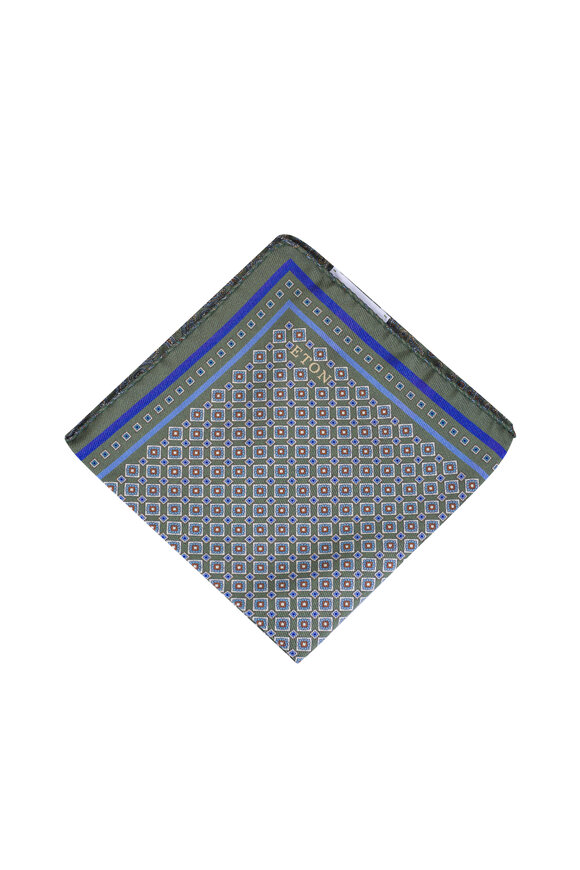 Eton Green Double Print Silk Pocket Square