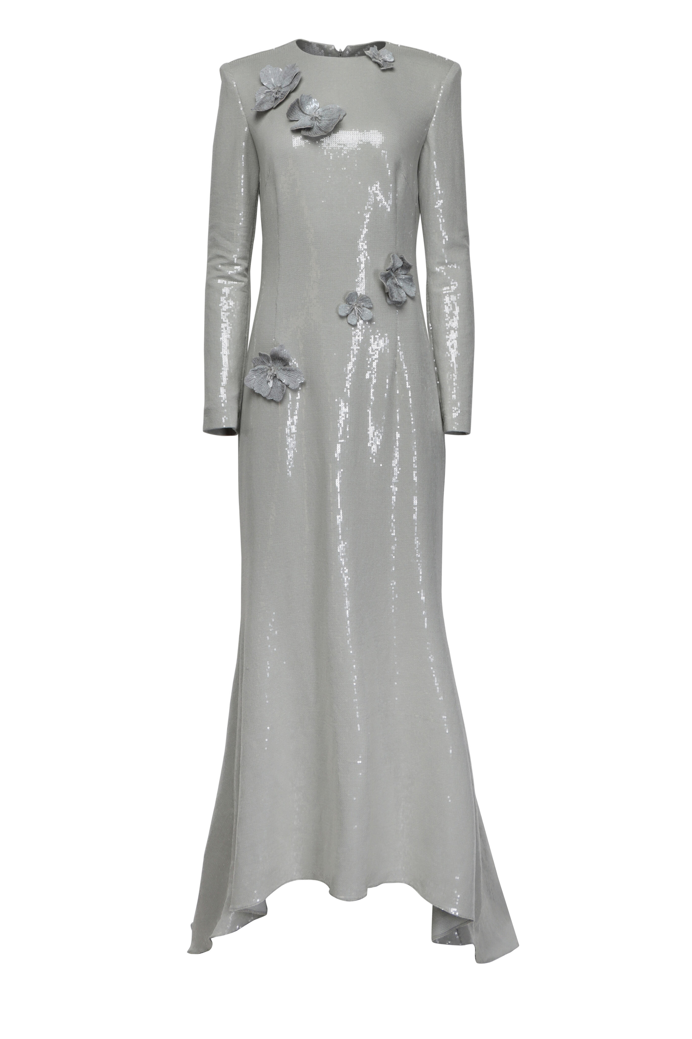Oscar de la Renta - Pewter Long Sleeve Embroidered Sequin Gown