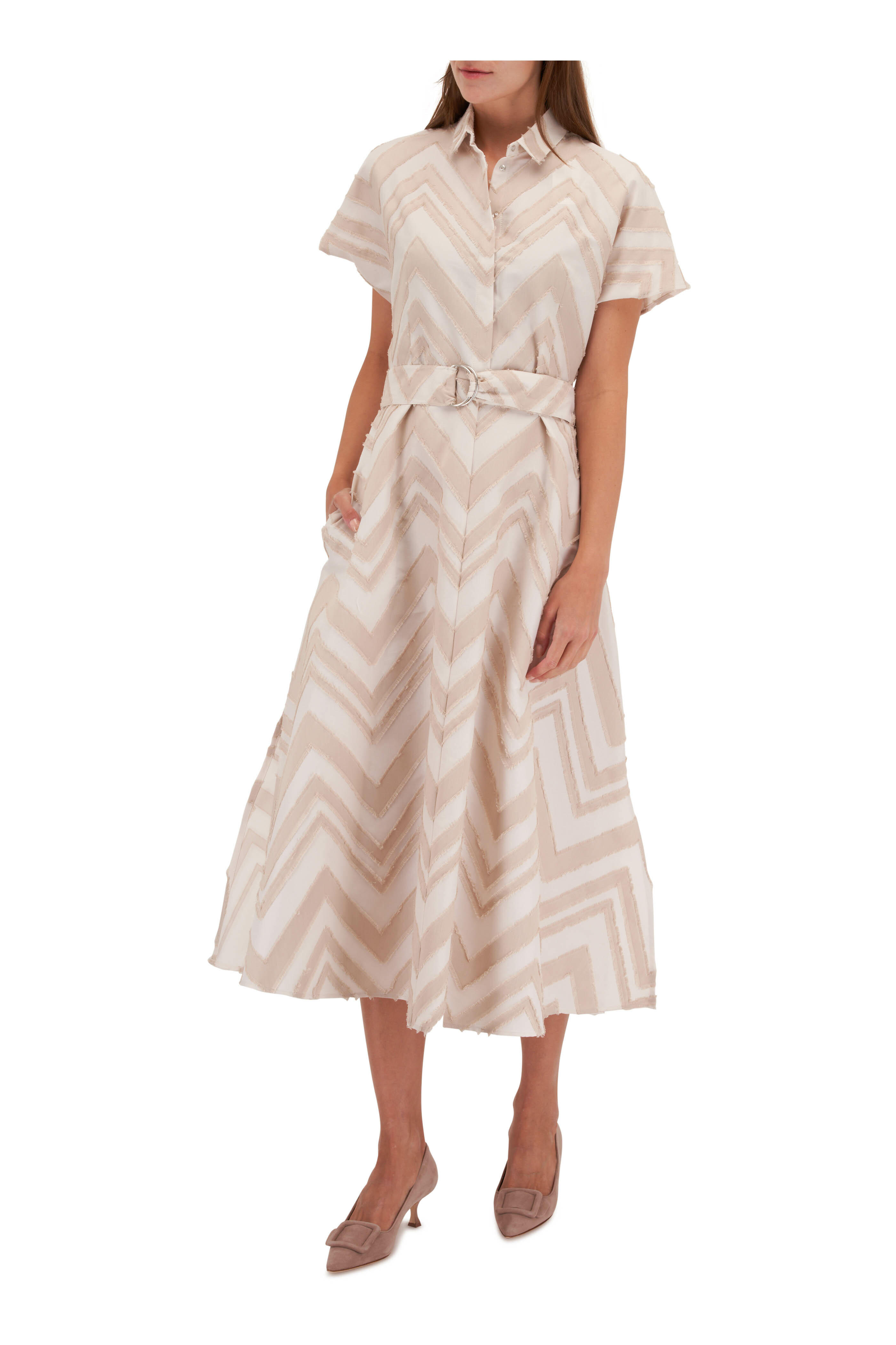 Victoria Shirred Waist Dress — Khaki Zig Zag Geo