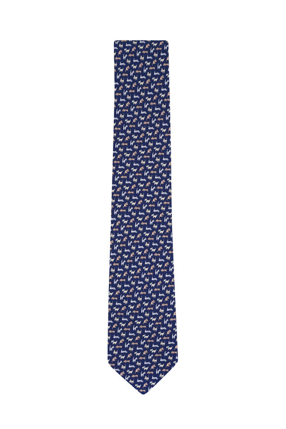 Ferragamo Navy Dog Print Silk Necktie