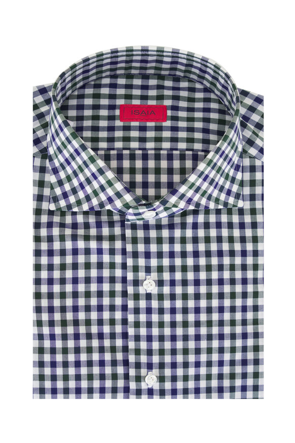 Isaia Navy & Green Gingham Cotton Sport Shirt