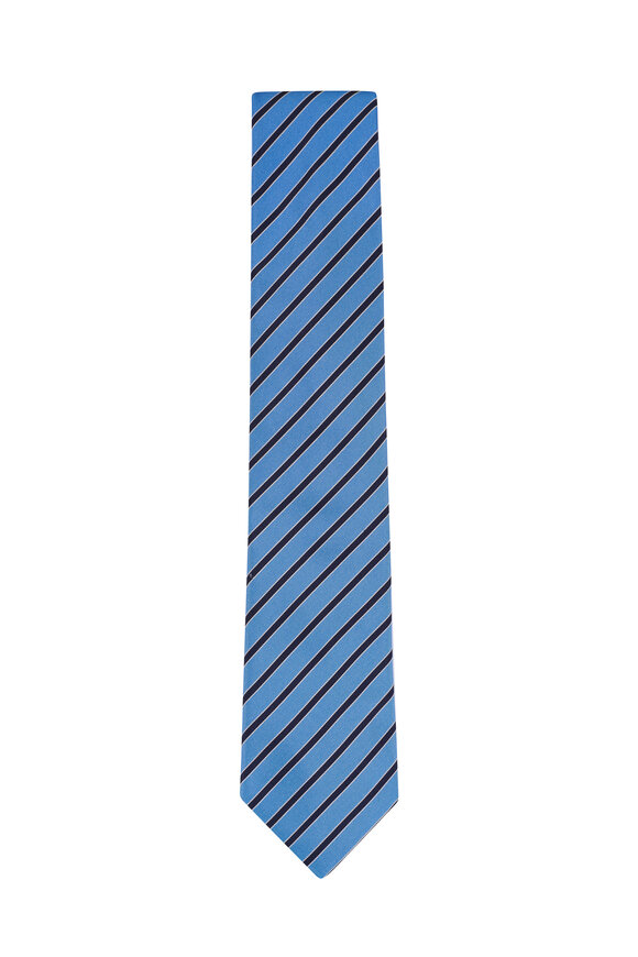 Zegna Bright Blue & Navy Stripe Silk Necktie - view 1