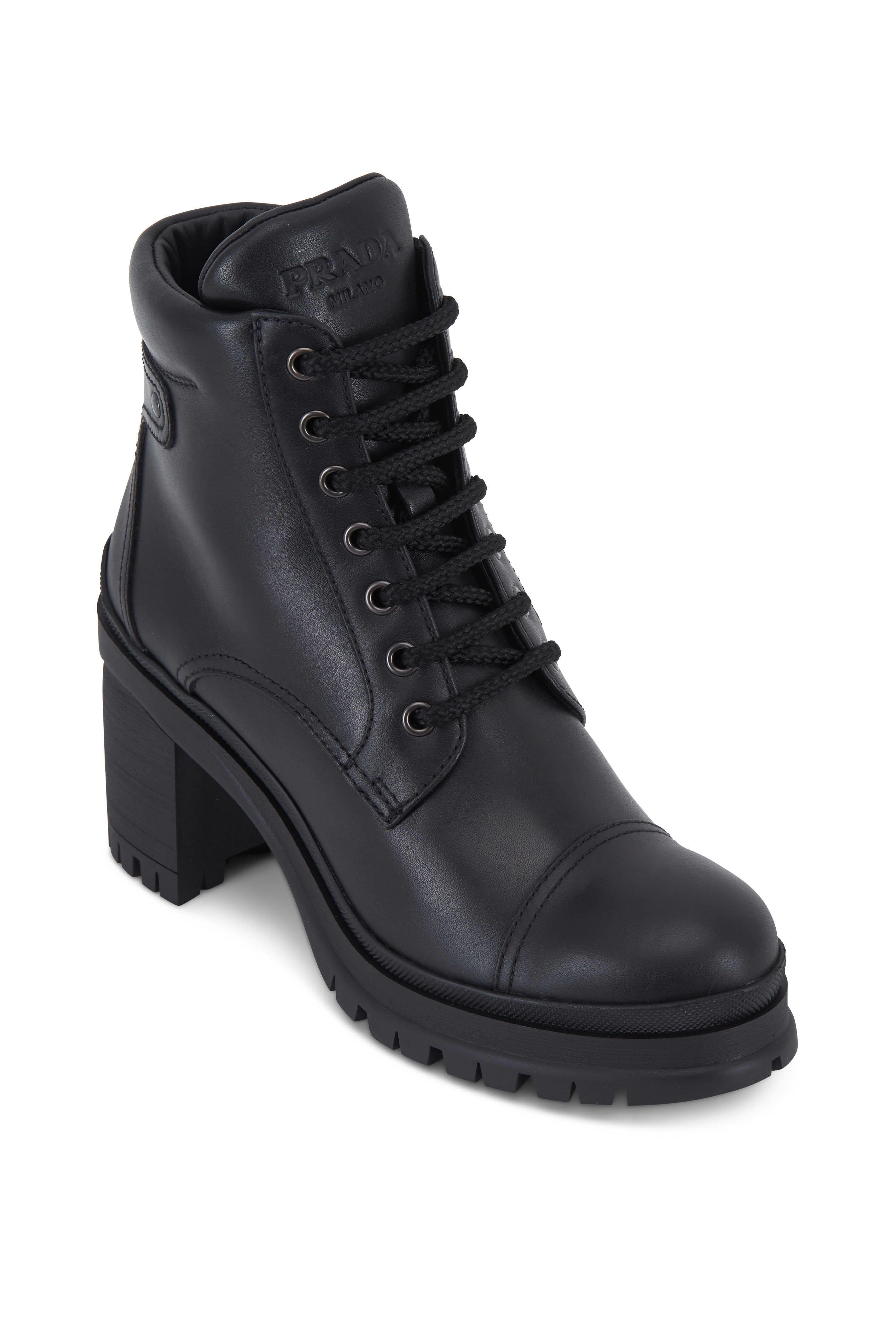 Prada - Black Leather Lug Sole Combat Boots, 55mm