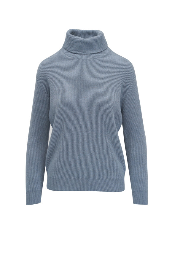 Brunello Cucinelli Light Blue English Ribbed Turtleneck Sweater