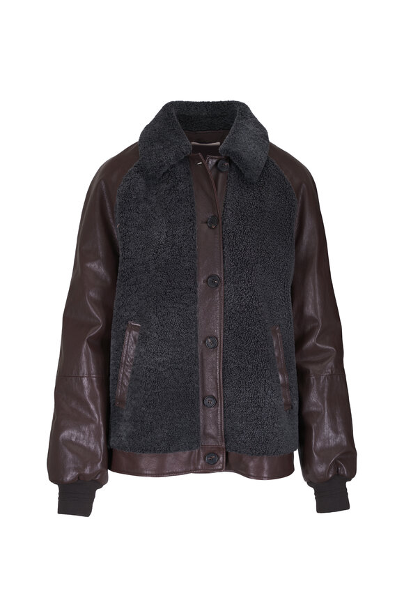 Miu Miu Brown Collared Wool & Leather Jacket - view 1