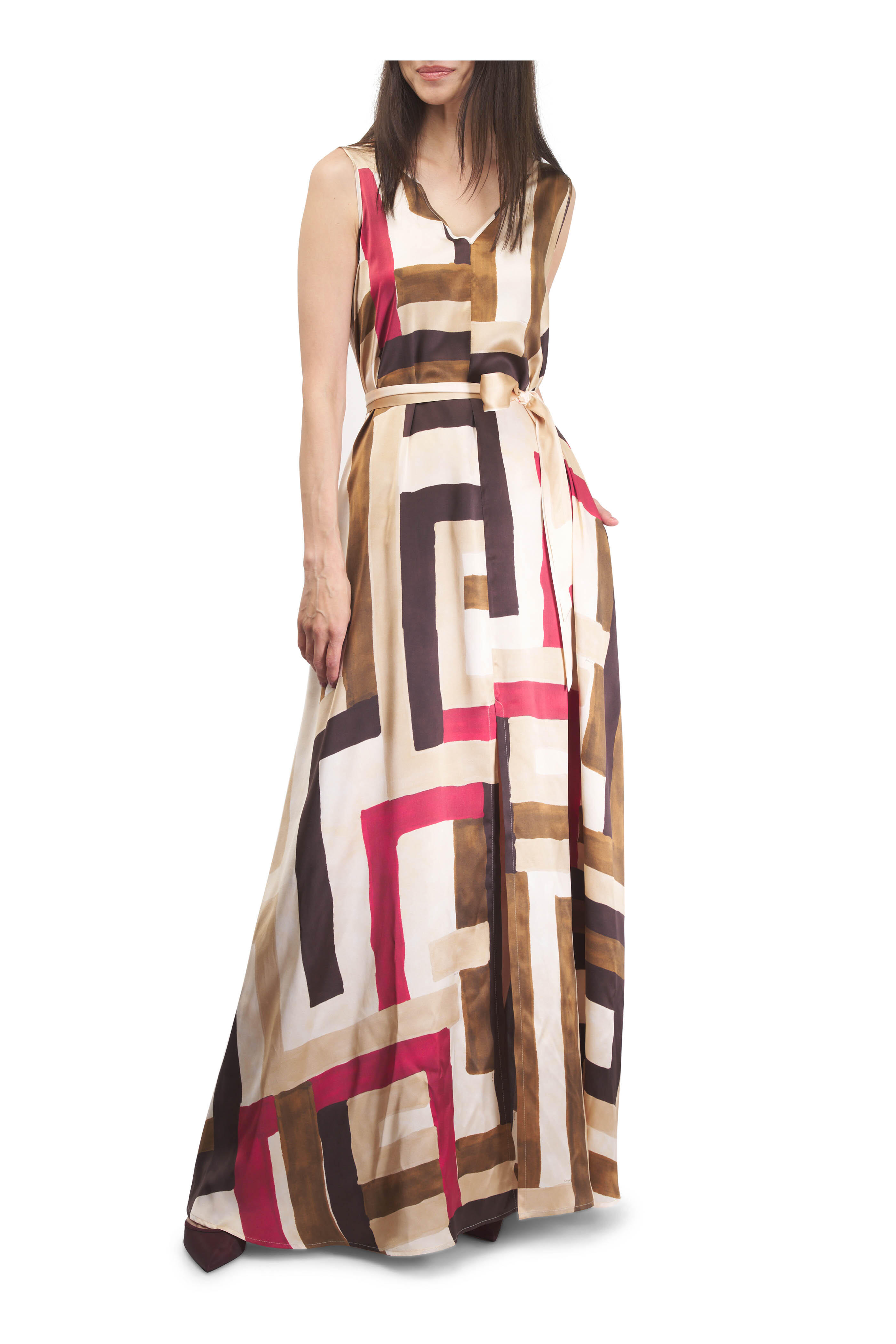 Kiton - Cherry & Chocolate Geometric Print Silk Maxi Dress