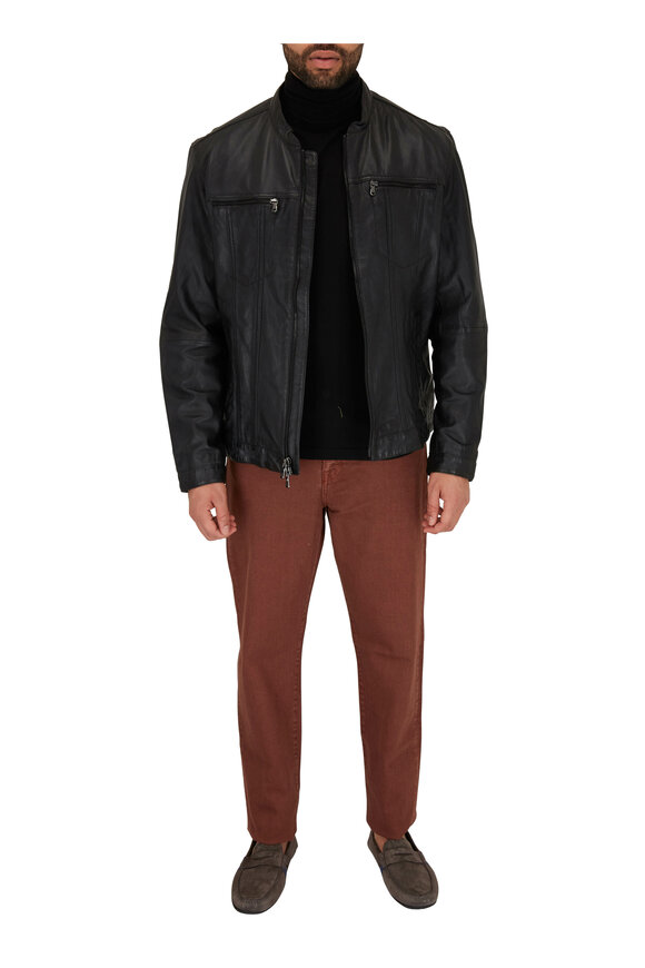 John Varvatos - Black Leather Band Collar Jacket