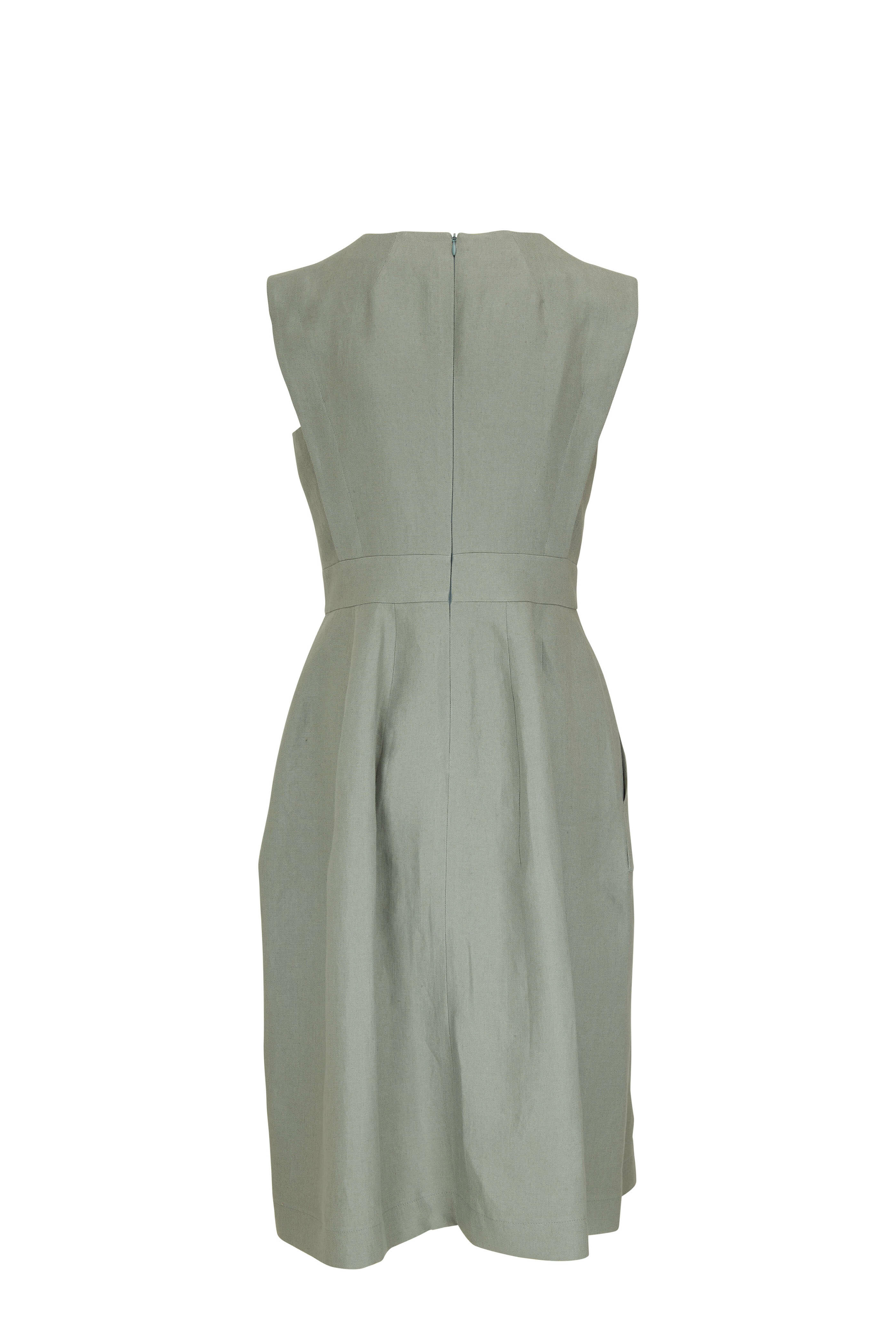 Akris - Sage Green Linen V-Neck Sleeveless Midi Dress