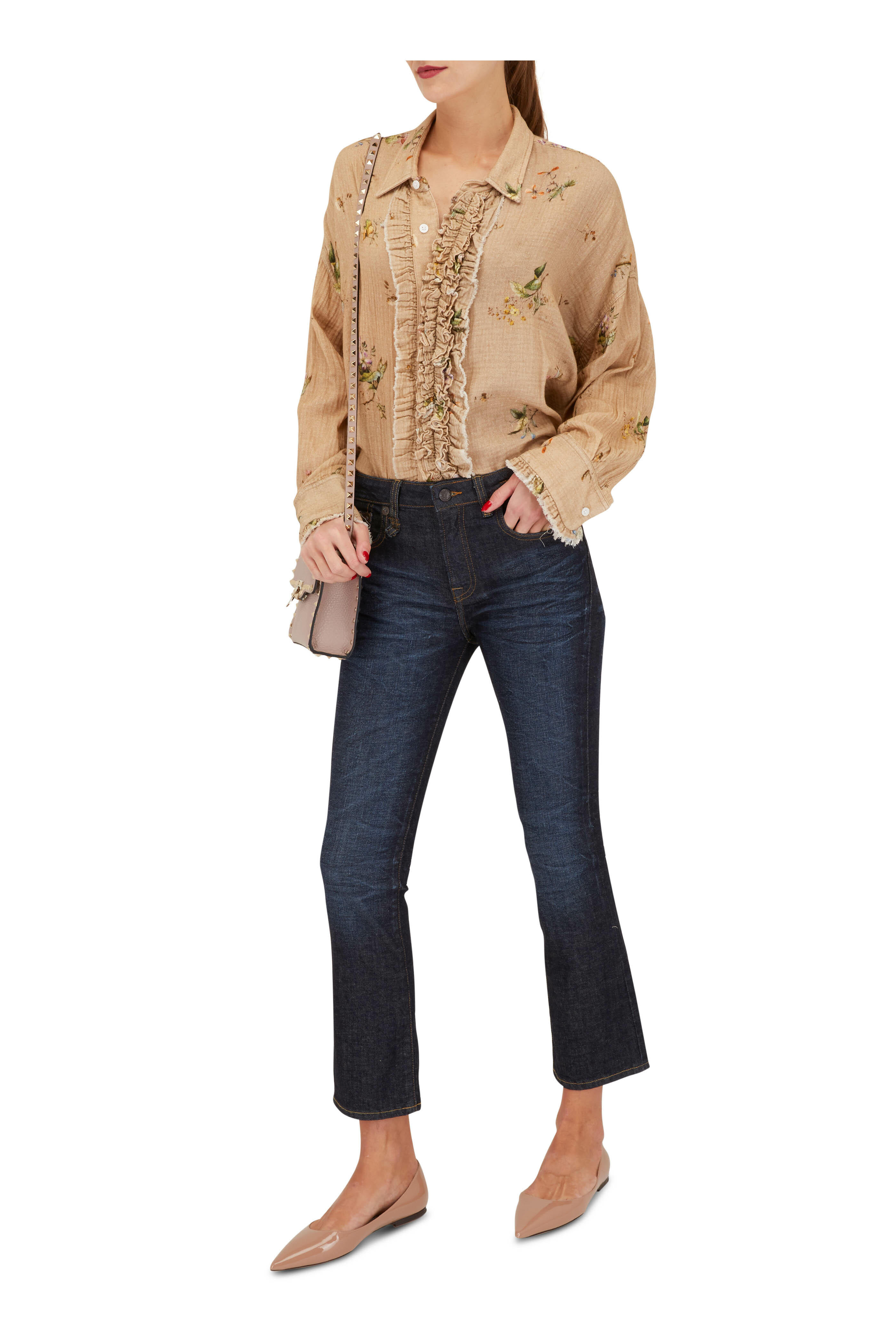 R13 - Floral Khaki Drop Neck Tuxedo Shirt