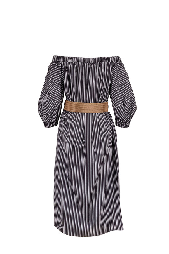 Brunello Cucinelli - White & Blue Stripe Off-The-Shoulder Belted Dress