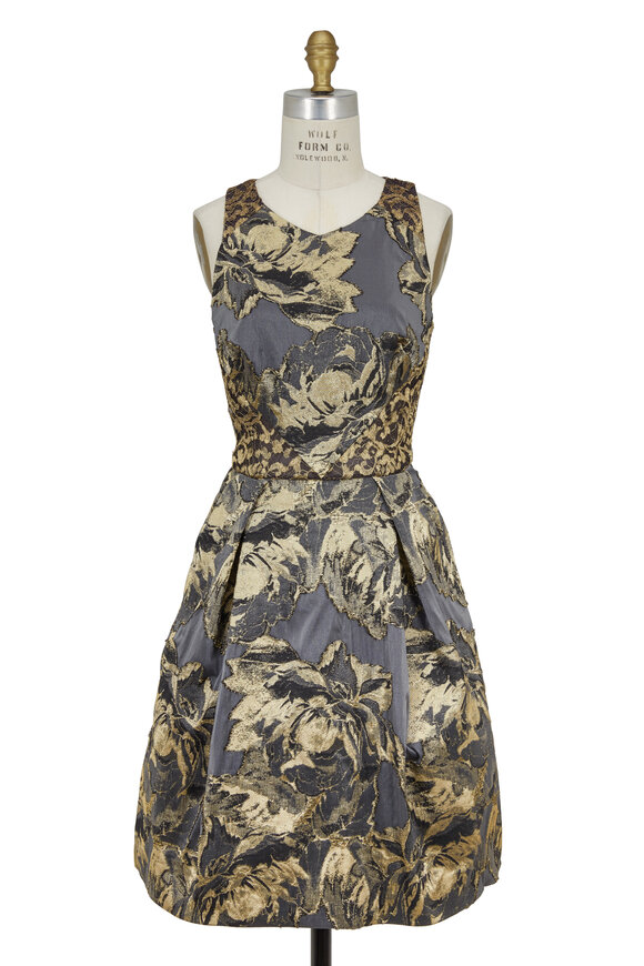 Theia - Pewter & Gold Floral Jacquard Party Dress